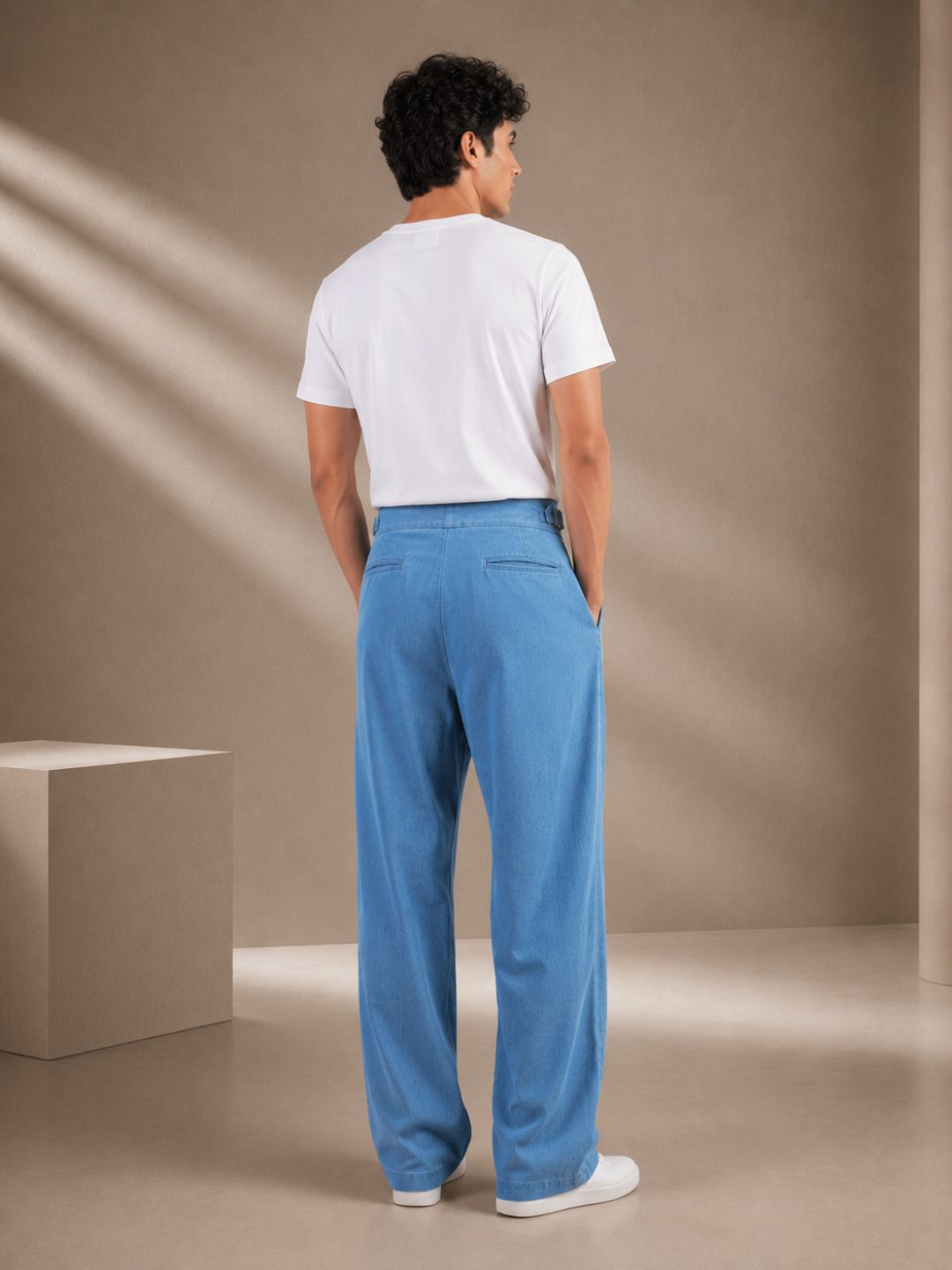 Blue Denim Baggy Fit Gurkha Trousers with Double Pleated Front