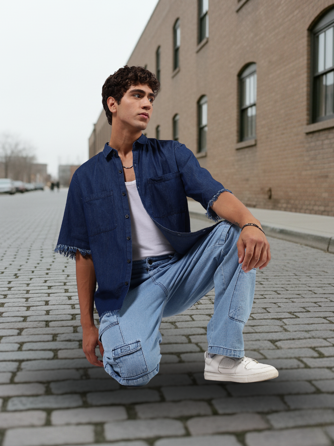 Navy Blue Raw Edge Oversized Box-Fit Spread Collar Premium Denim Shirt
