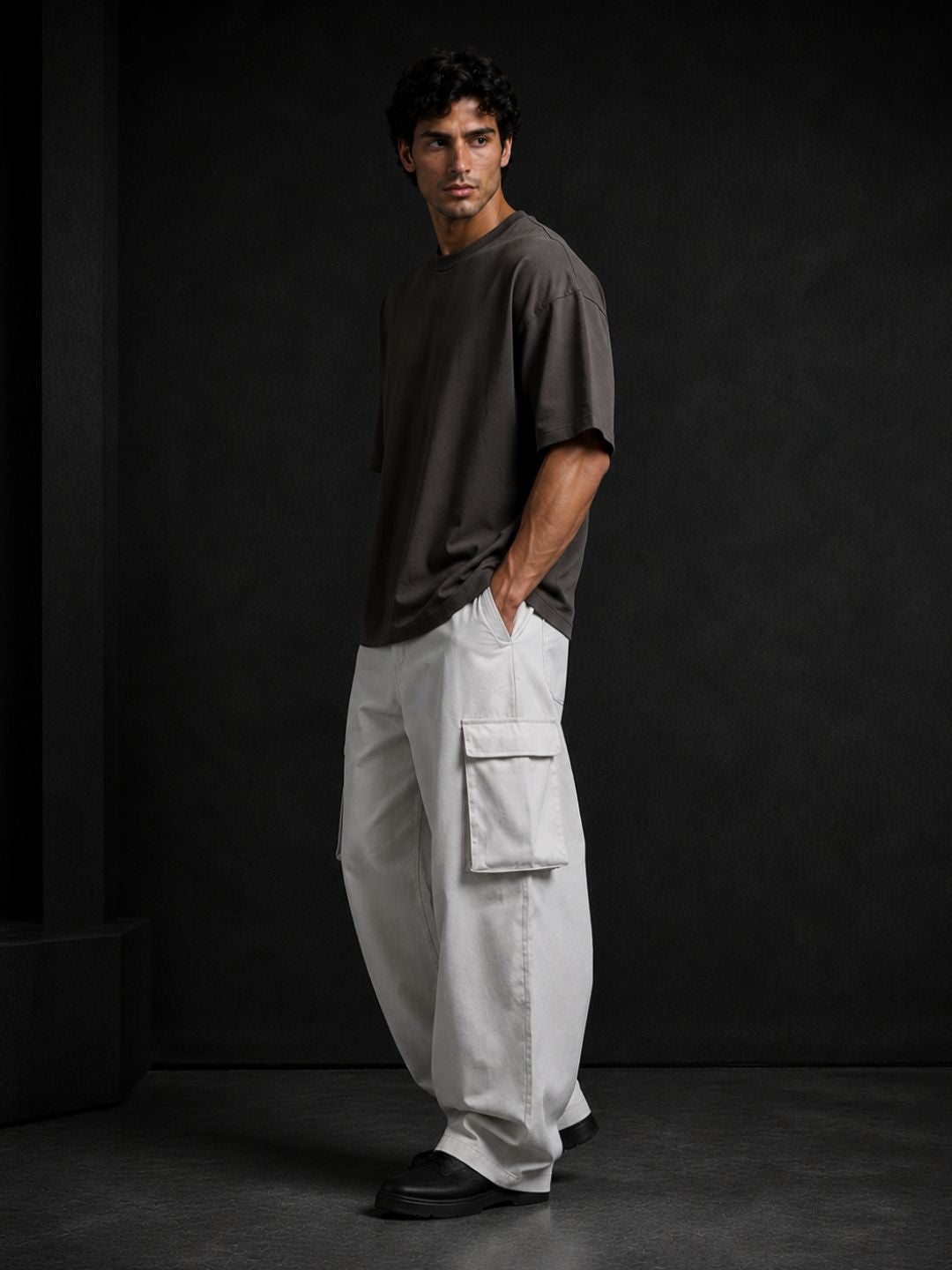 Grey Baggy fit Pure Cotton 6 Pocket Cargo Trousers