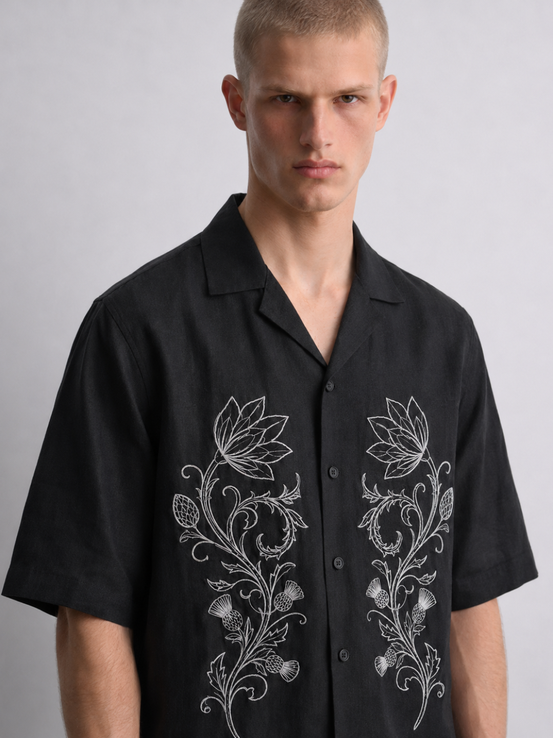 Black Embroidered Relax Fit Oversized Half Sleeve Casual Resort Shirt
