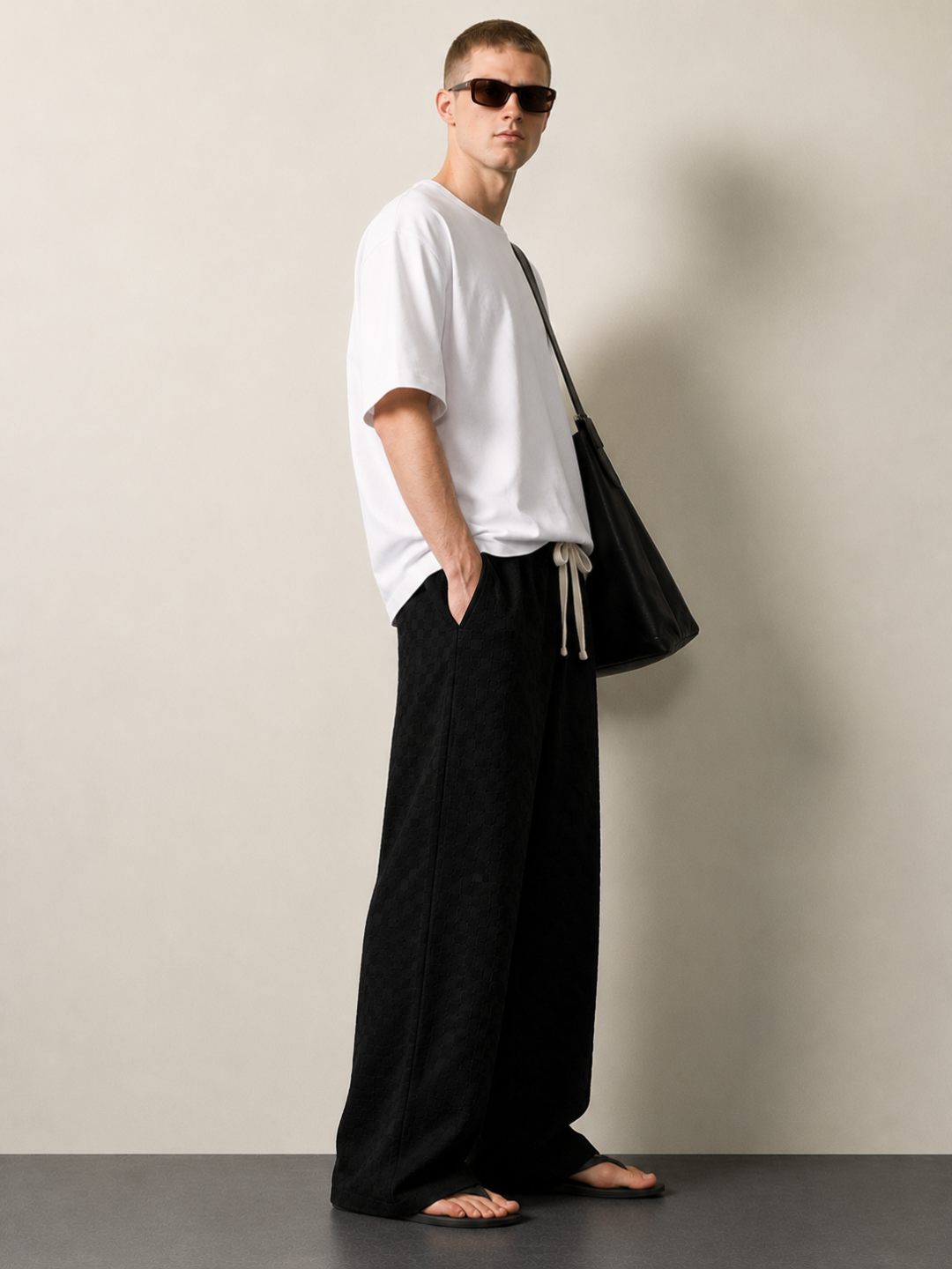 Black Textured Relaxed-Fit Mid-Rise Korean Pant