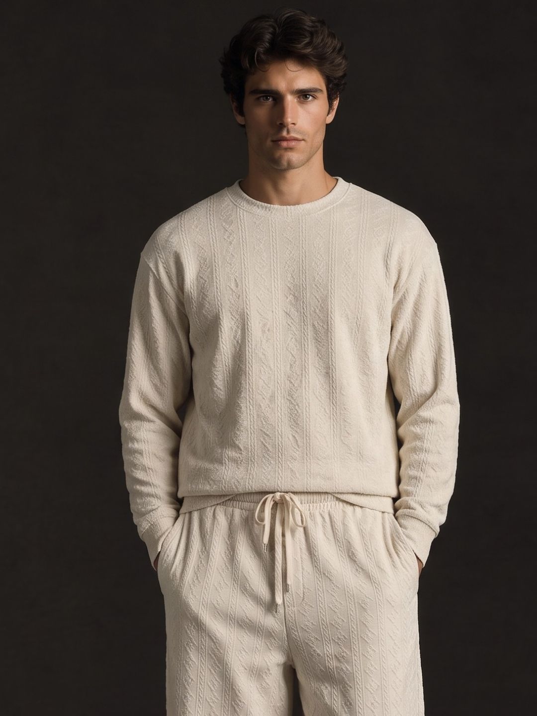 Off-White Textured Oversized Full Sleeve Sweatshirt & Trackpant Co-ord Set