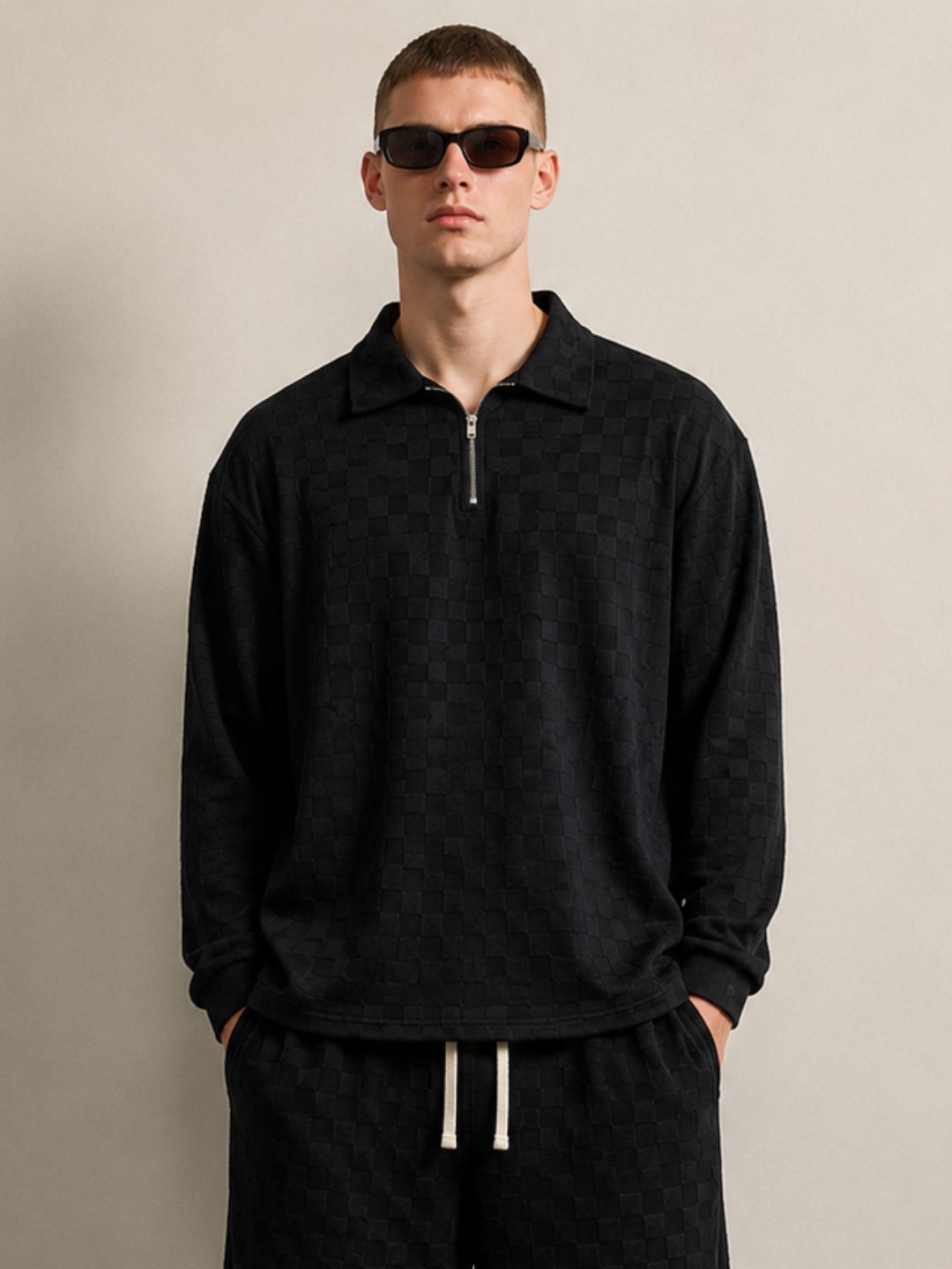 Black Textured Oversized Full Sleeve Polo Neck Tee & Trackpant Co-ord Set