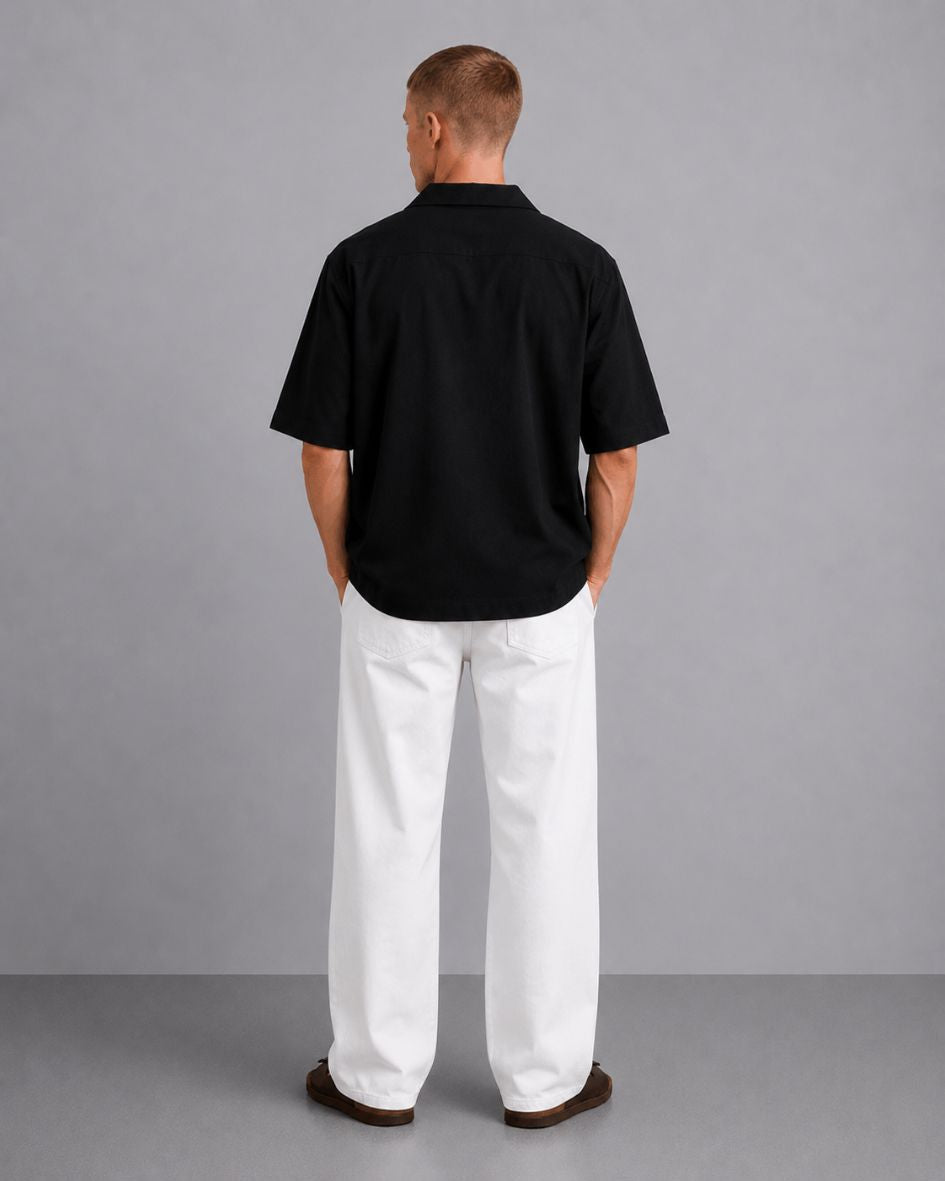 Black Embroidered Relaxed Fit Oversized Half Sleeve Casual Resort Shirt