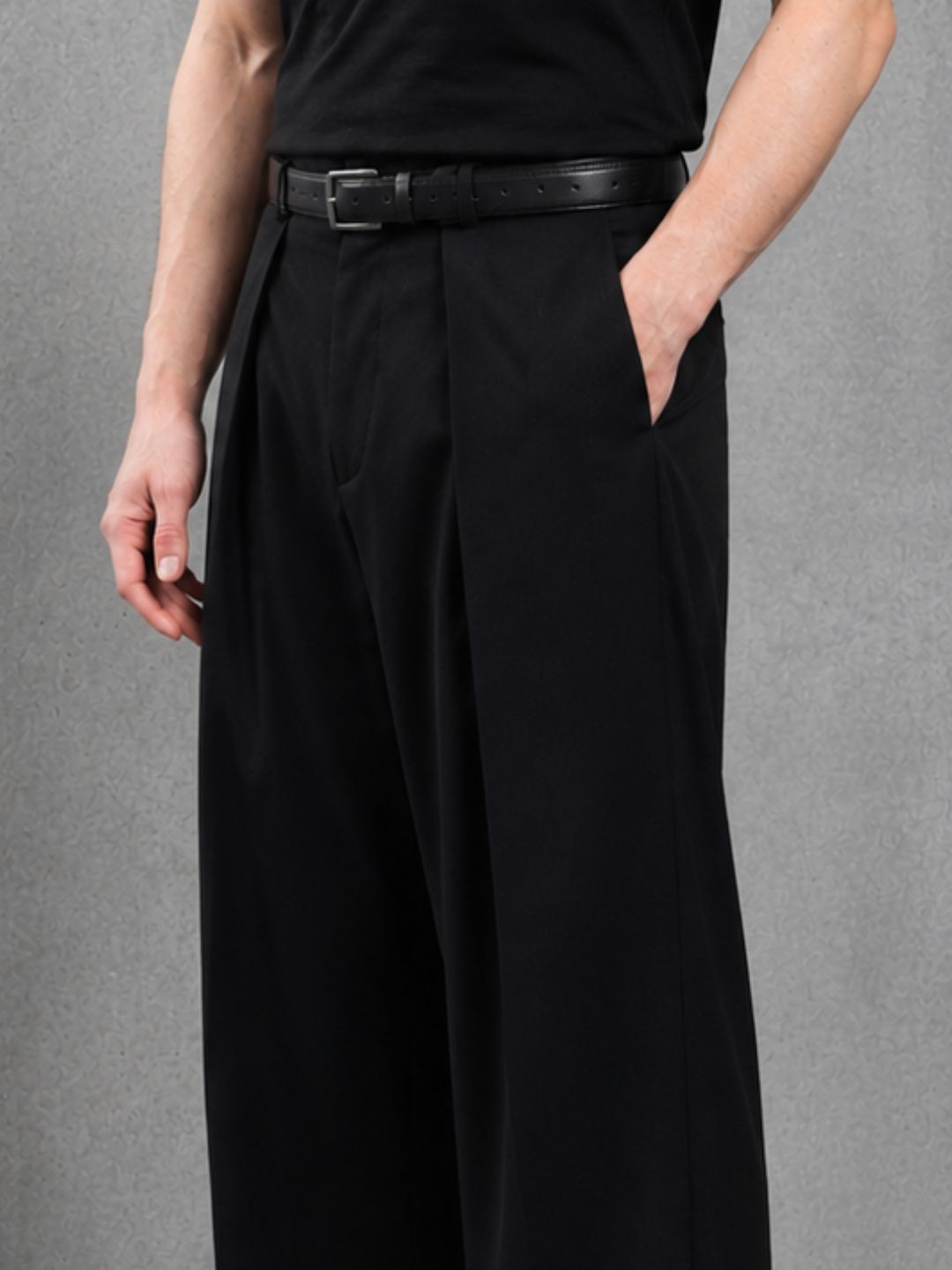 Black Wide Leg Samurai Trousers with Pleated Front
