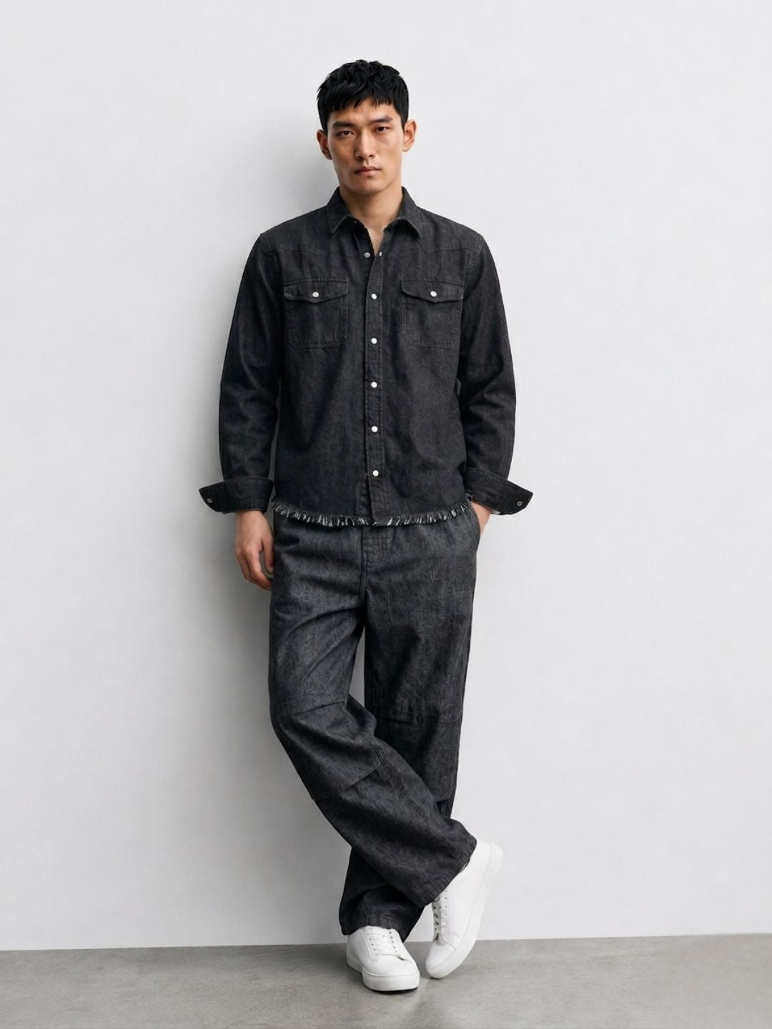Denim Co-ord Set Charcoal Black Parachute Baggy Denim Pant & Full Shirt Relaxed Fit