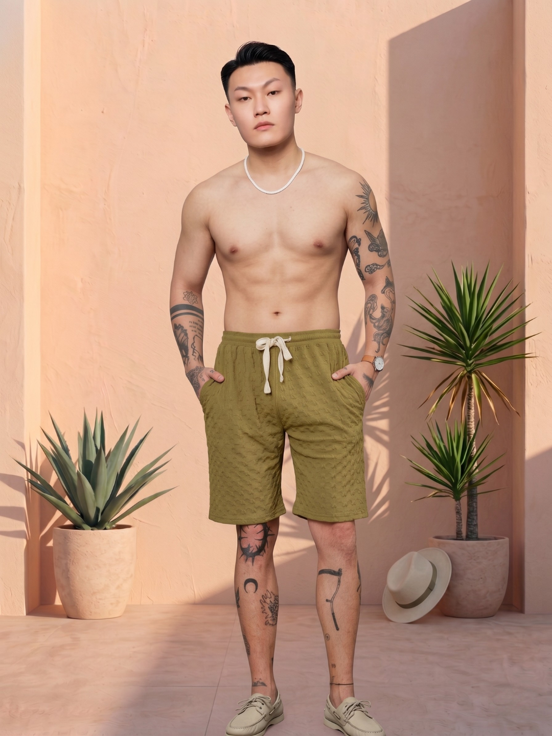 Unisex Olive Textured Cardigan Style T-Shirt & Shorts Co-ord Set
