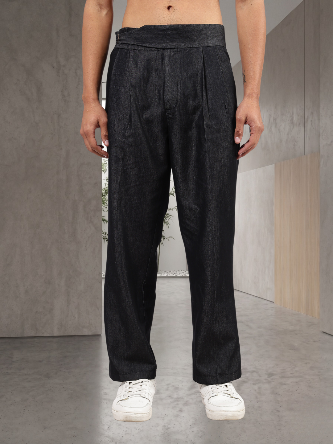 Black Premium Denim Gurkha Trousers with Double Pleated Front