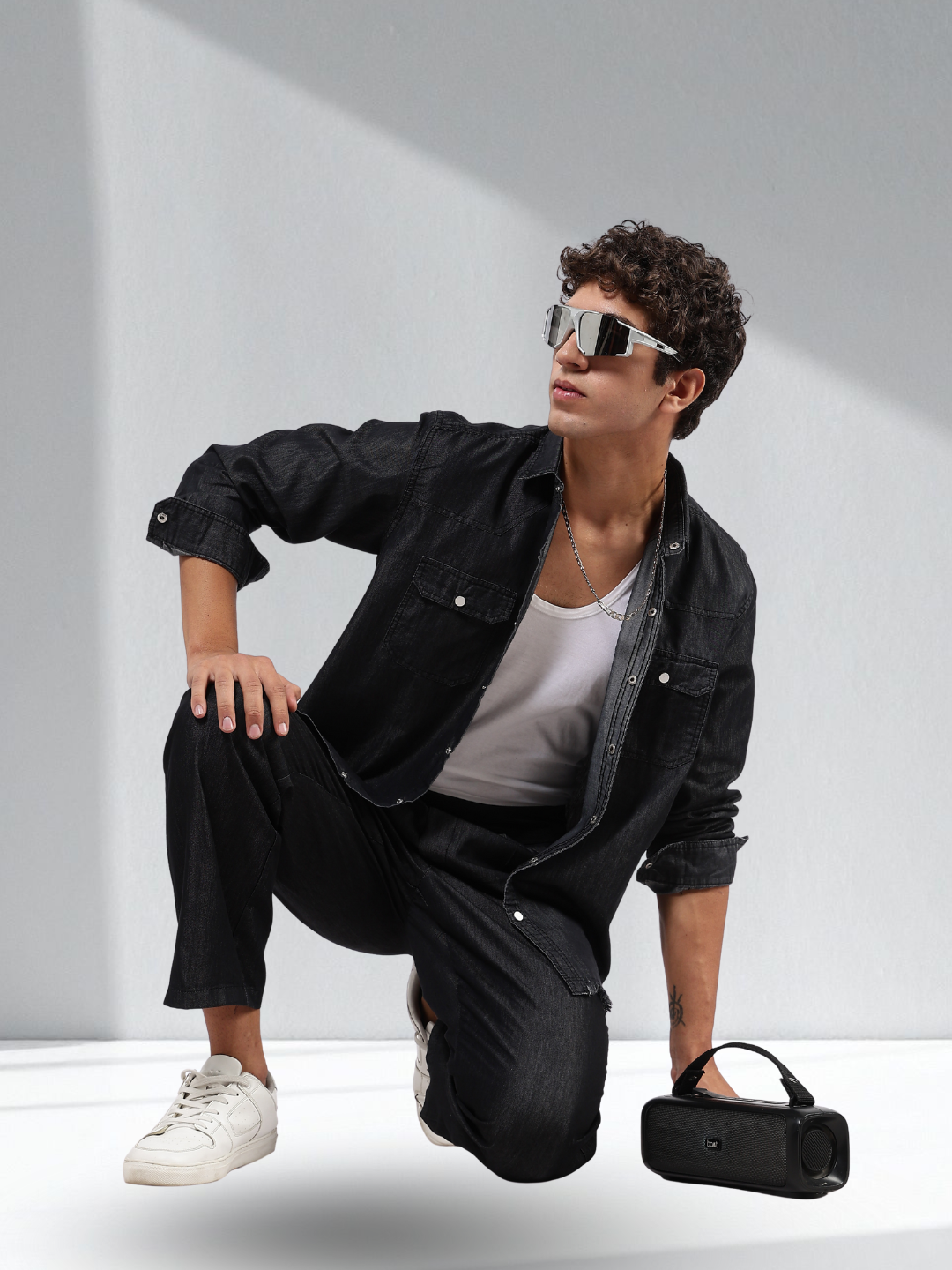 Co-ord Set Black Premium Denim Gurkha Pant & Full Shirt Relaxed Fit