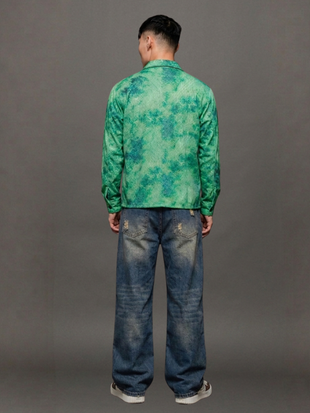 Grey & Green Abstract Printed Drop-Shoulder Relaxed Fit Shirt Zipper Shirt