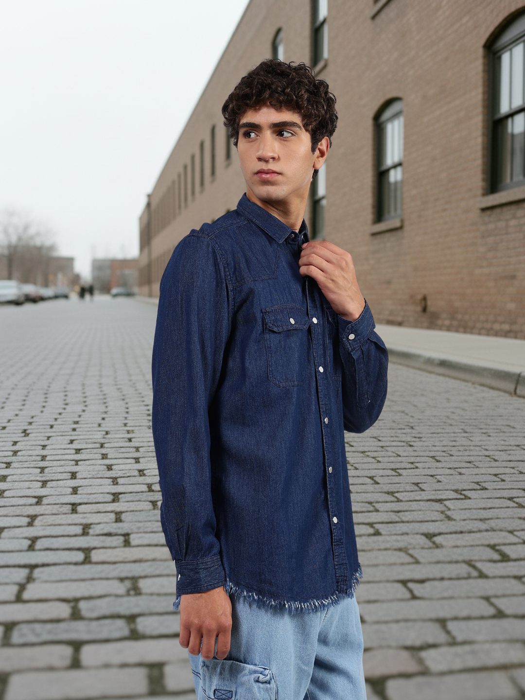 Navy Blue Raw Edge Oversized Relaxed Fit Spread Collar Premium Denim Shirt