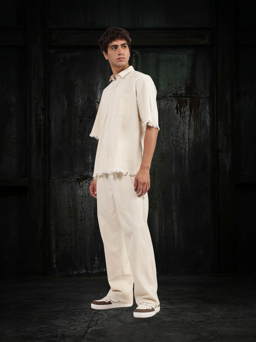 Co-Ord Set Off-White Premium Denim Gurkha Pant & Half Sleeve Shirt Relaxed Fit