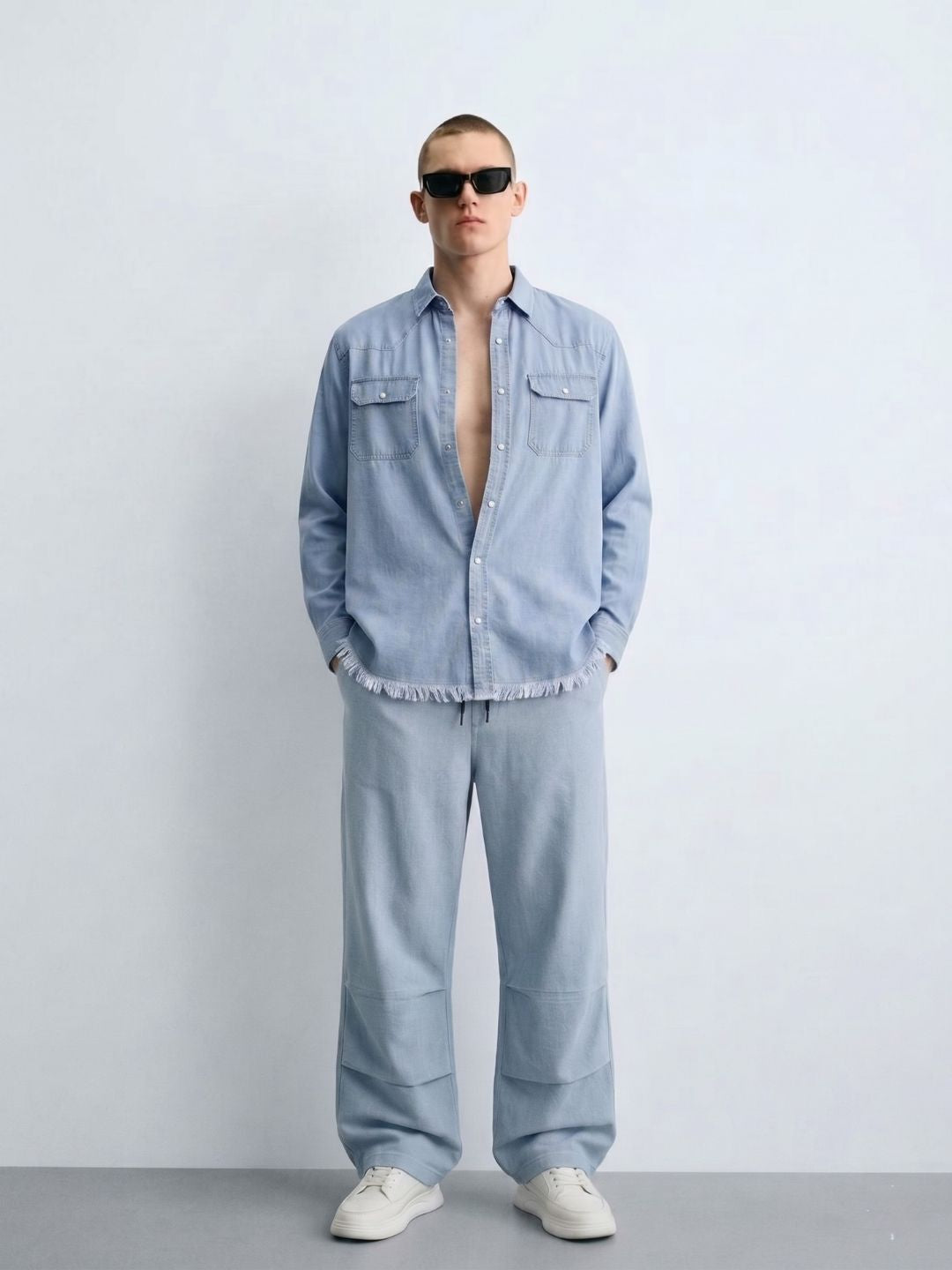 Denim Co-ord Set Light Blue Parachute Baggy Denim Pant & Full Shirt Relaxed Fit