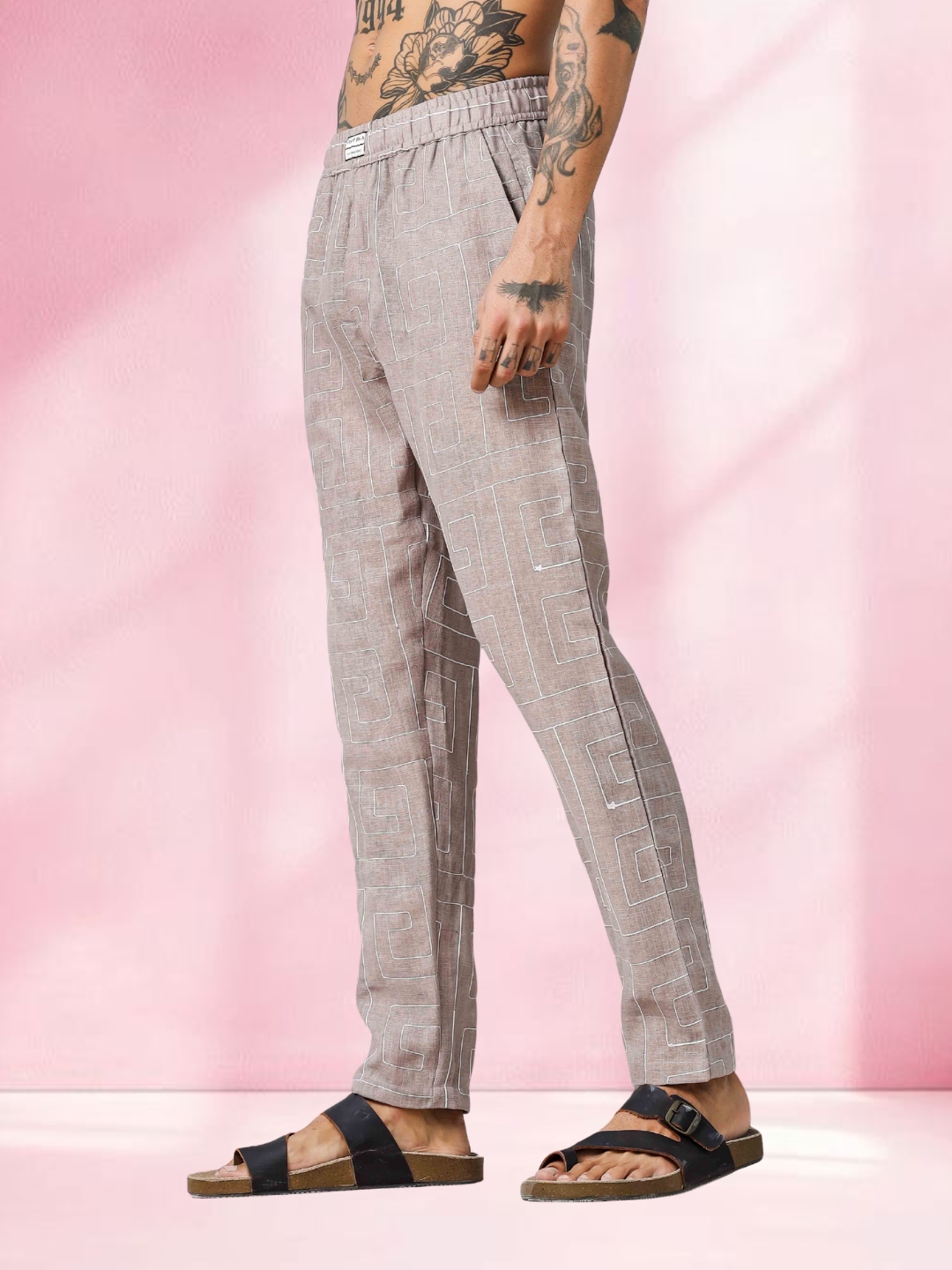 Beige Linen Notched Lapel Shirt & All Day Lounge Pants Embroidered Co-ord Set