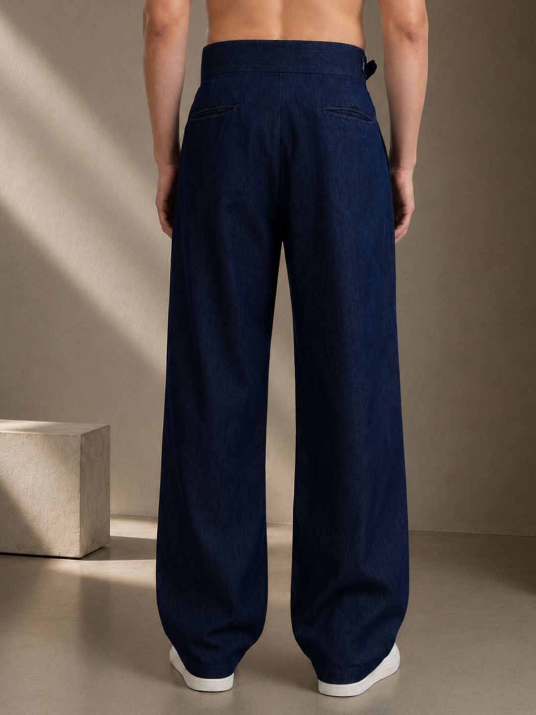 Navy Blue Premium Denim Gurkha Trousers with Double Pleated Front