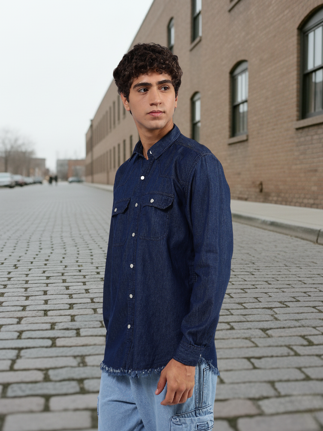 Navy Blue Raw Edge Oversized Relaxed Fit Spread Collar Premium Denim Shirt