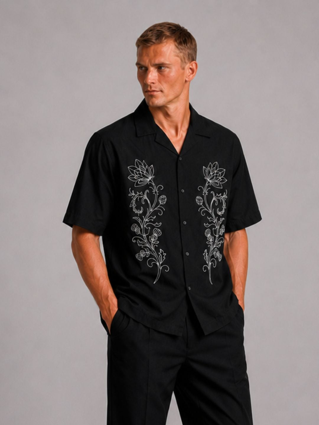 Black Embroidered Relax Fit Oversized Half Sleeve Casual Resort Shirt