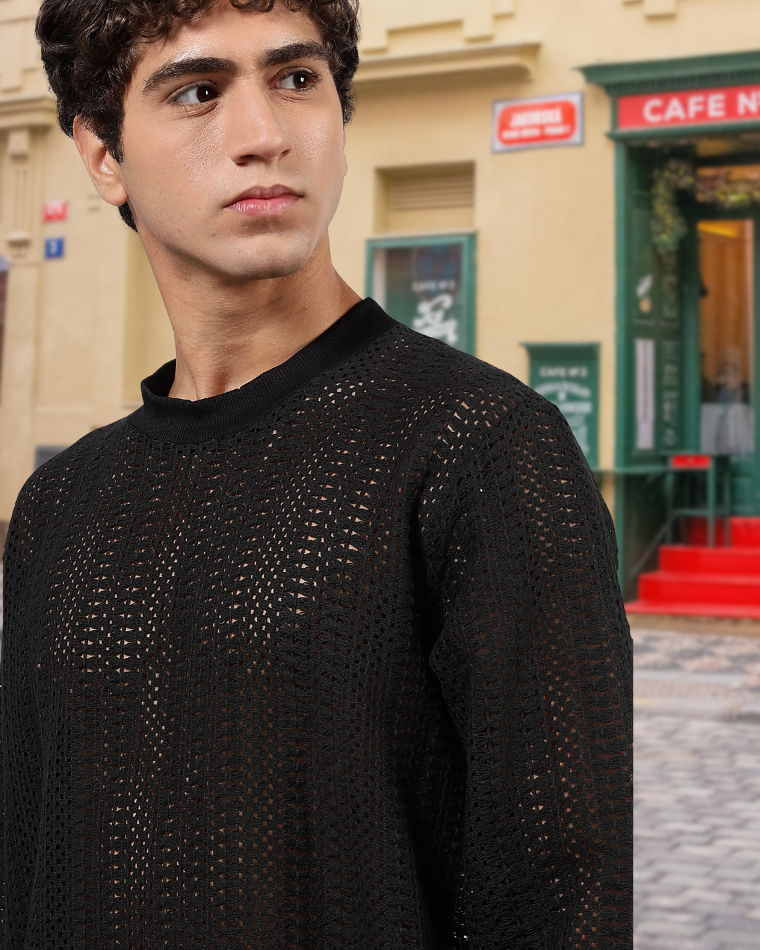 Black Oversized Fit Premium Cotton Crochet T-Shirt