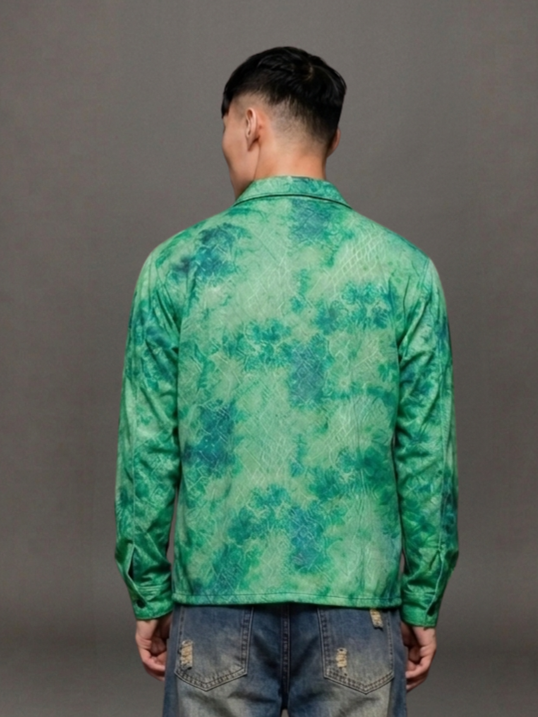 Grey & Green Abstract Printed Drop-Shoulder Relaxed Fit Shirt Zipper Shirt