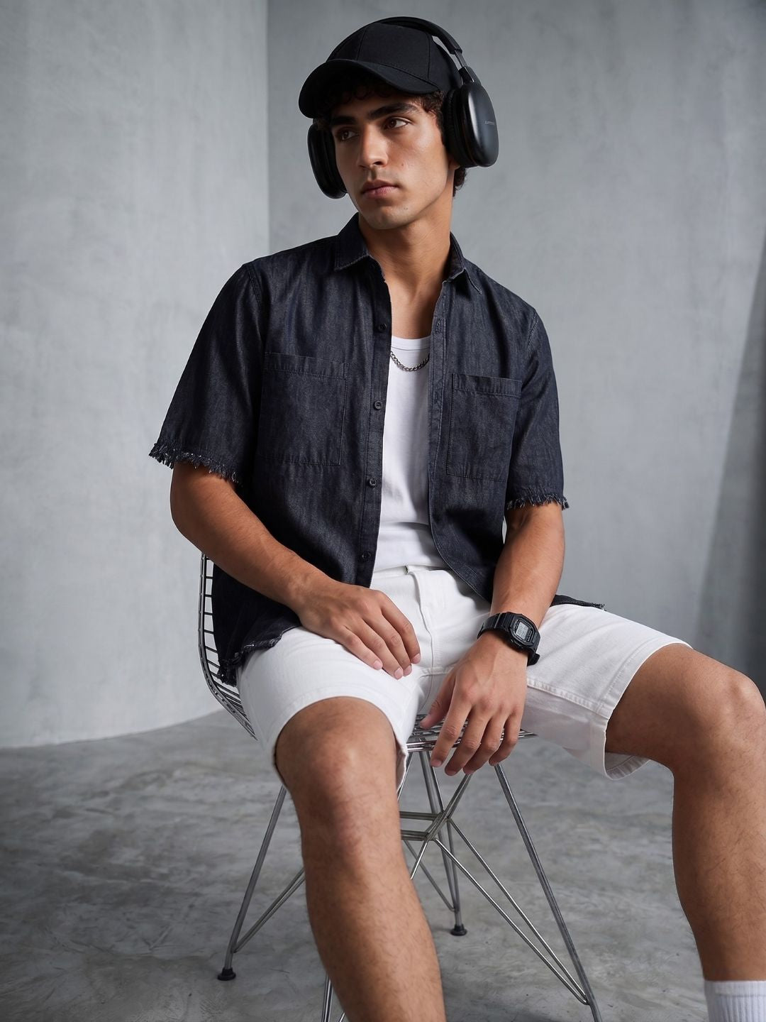 Black Raw Edge Oversized Box-Fit Spread Collar Premium Denim Shirt