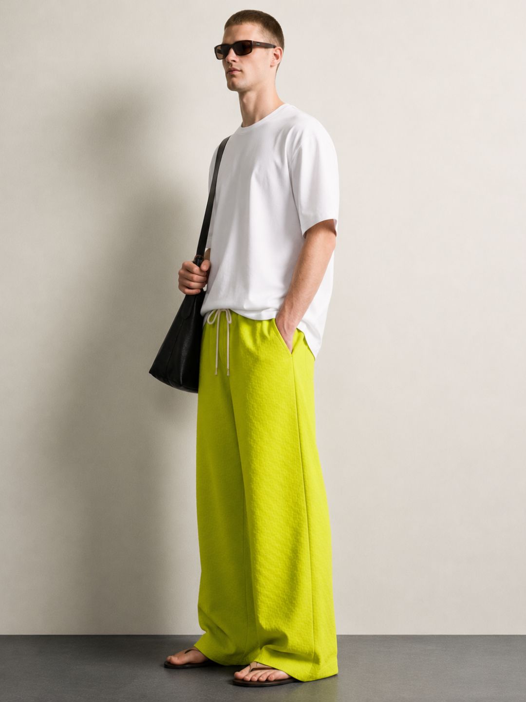 Neon Green Textured Relaxed-Fit Mid-Rise Korean Pant