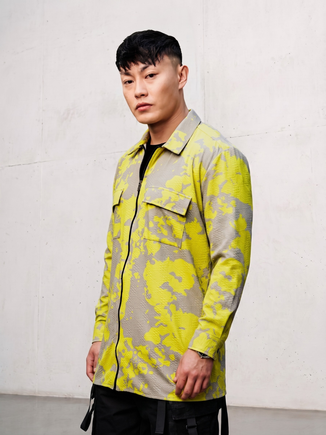 Neon Grey Splatter Abstract Print Textured Drop-Shoulder Relaxed Fit Shirt Zipper Shirt