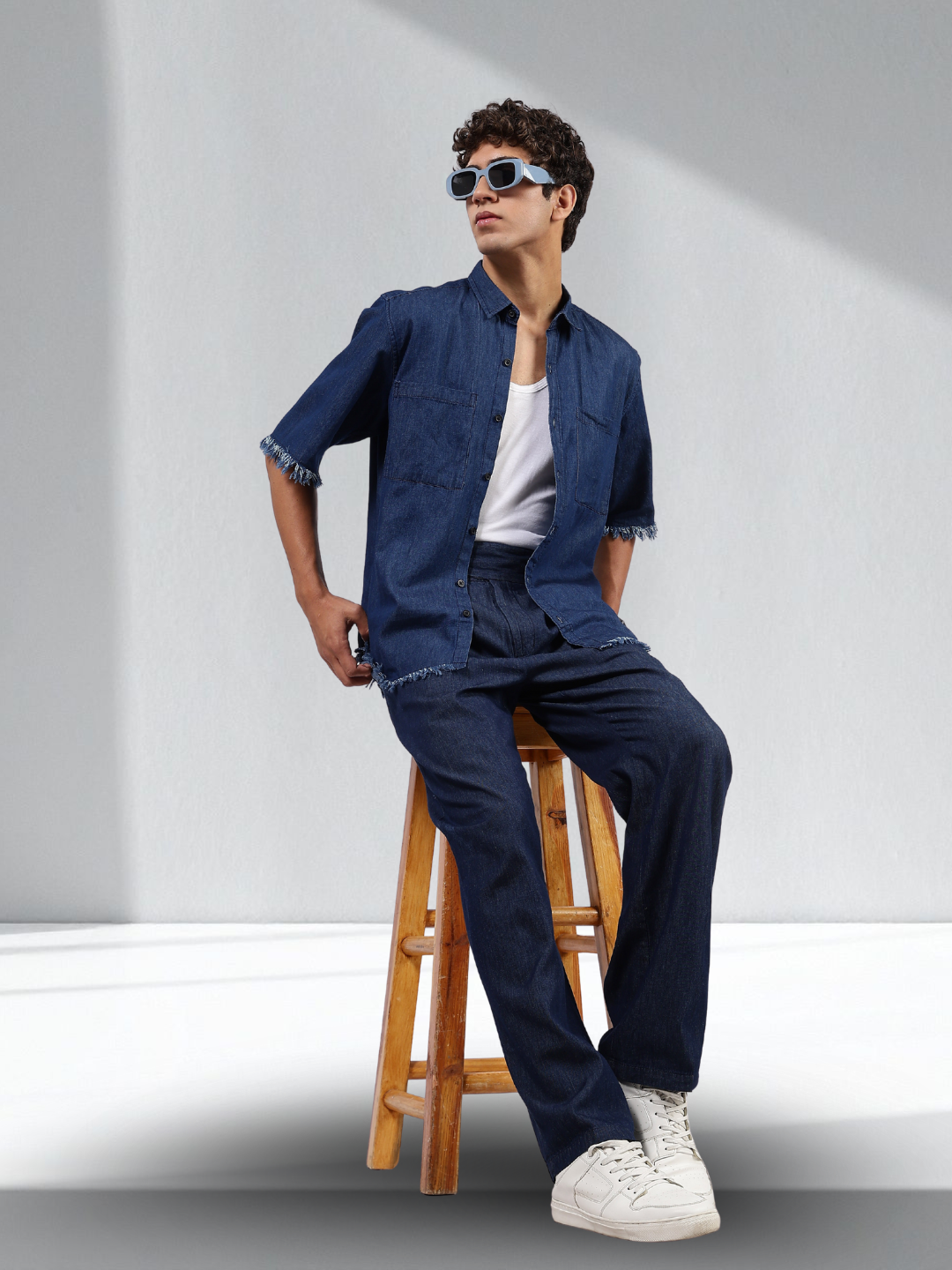 Co-Ord Set Navy Blue Premium Denim Gurkha Pant & Half Sleeve Shirt Relaxed Fit