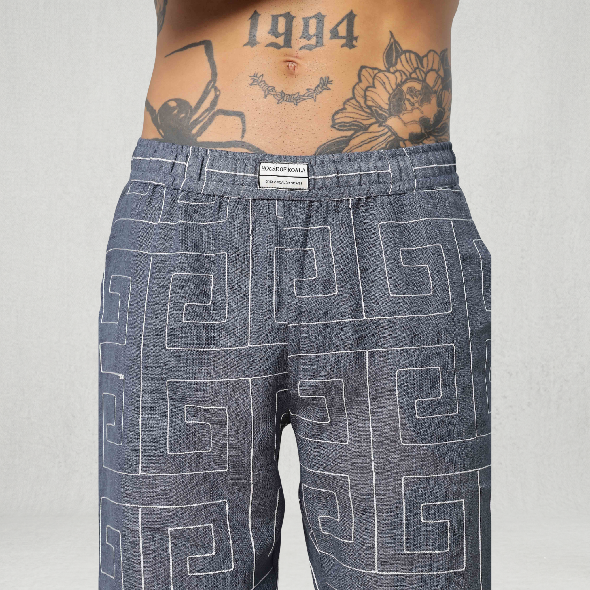 Blue Linen Embroidered Notched Lapel Korean Shirt & All Day Lounge Pants Co-ord Set