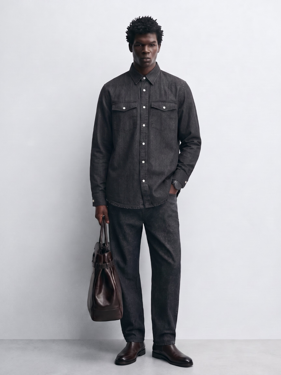 Black Raw Edge Oversized Relaxed Fit Full Sleeve Spread Collar Premium Denim Shirt