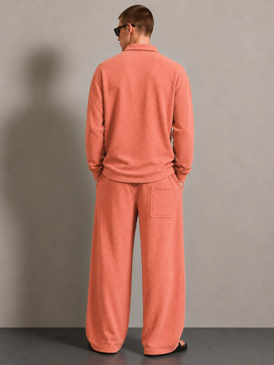 Brown Textured Oversized Full Sleeve Polo Neck Tee & Trackpant Co-ord Set