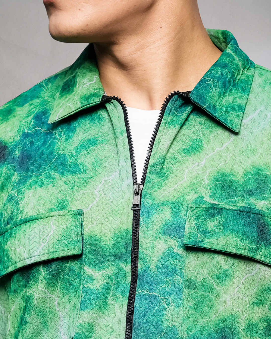 Grey & Green Abstract Printed Drop-Shoulder Relaxed Fit Shirt Zipper Shirt