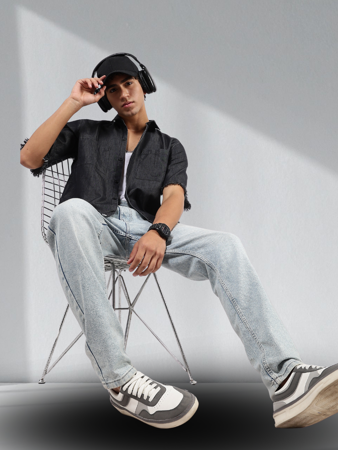 Black Raw Edge Oversized Box-Fit Spread Collar Premium Denim Shirt