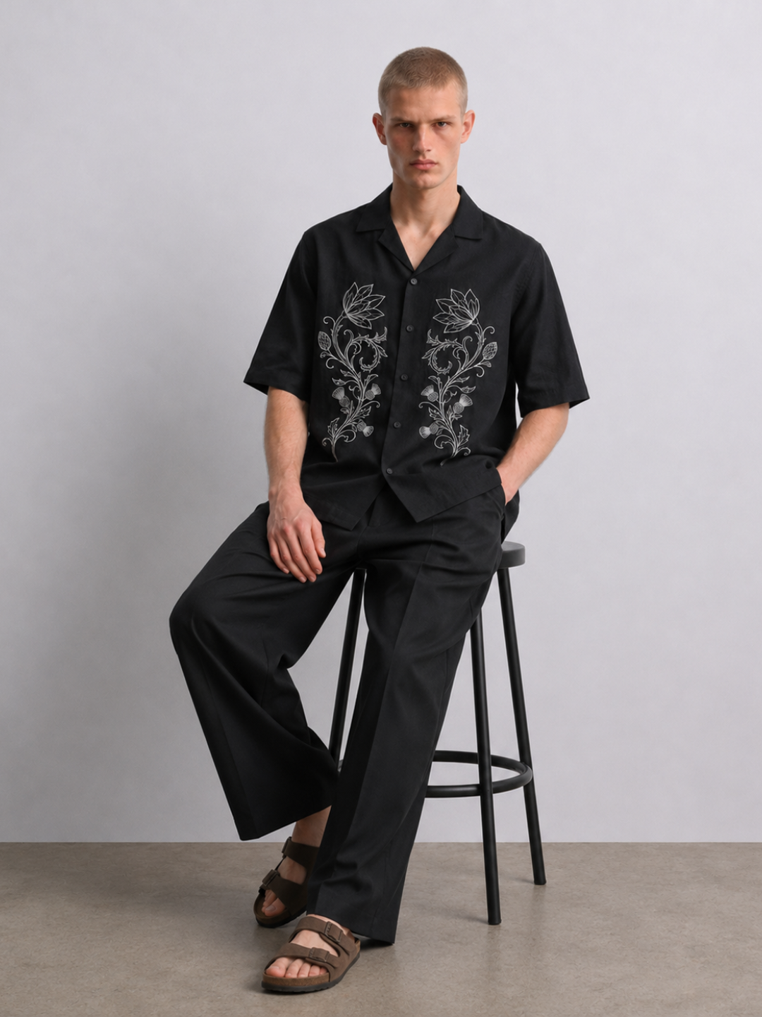 Black Embroidered Relax Fit Oversized Half Sleeve Casual Resort Shirt