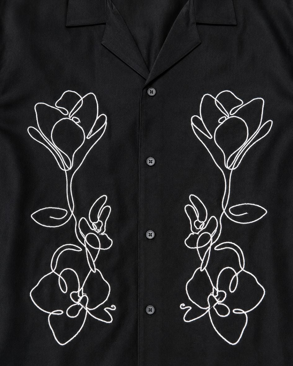 Black Embroidered Relaxed Fit Oversized Half Sleeve Casual Resort Shirt