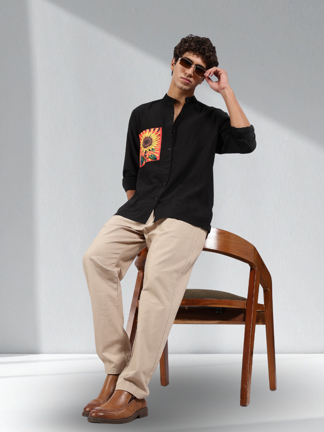 Black Mandarin Collar Pure Viscose Relaxed Fit Shirt 2.0