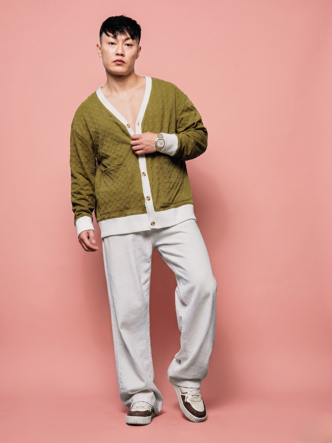 Unisex Olive Textured Cardigan Style T-Shirt & Shorts Co-ord Set