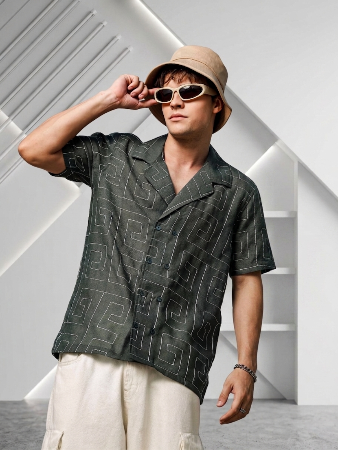 Olive Korean Linen Blend Embroidered Notched Lapel Collar Resort Shirt