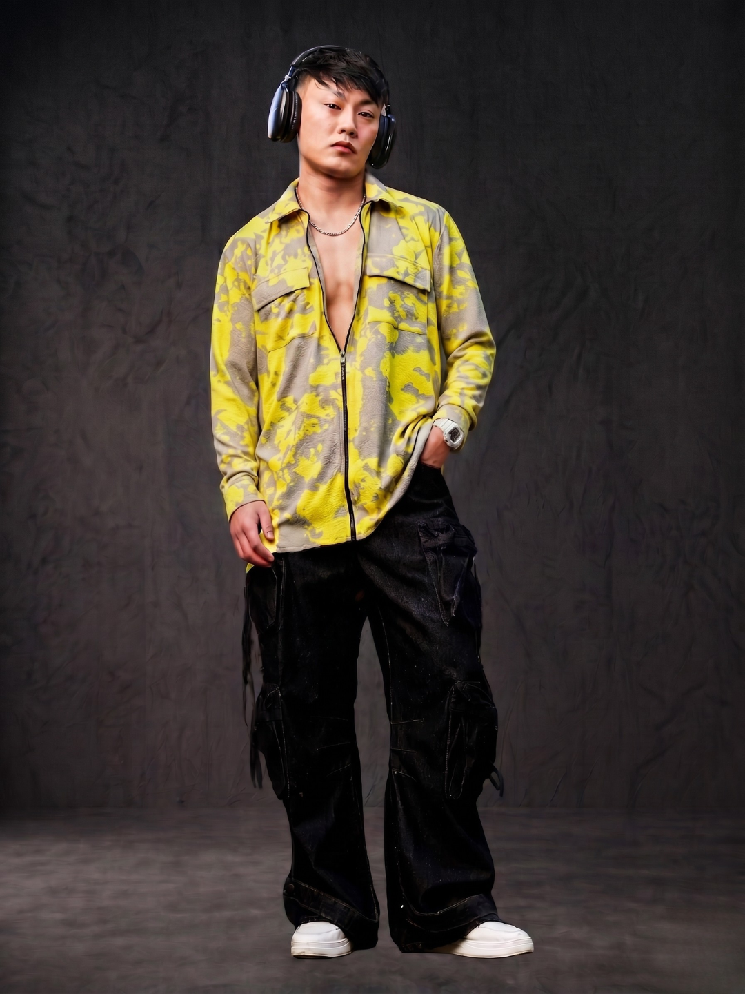 Neon Grey Splatter Abstract Print Textured Drop-Shoulder Relaxed Fit Shirt Zipper Shirt