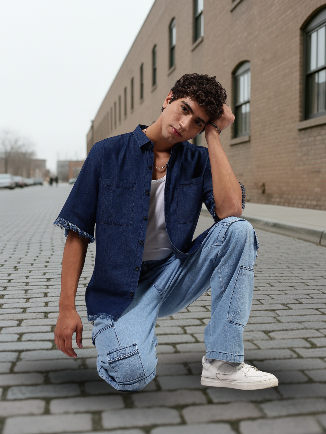 Navy Blue Raw Edge Oversized Box-Fit Spread Collar Premium Denim Shirt