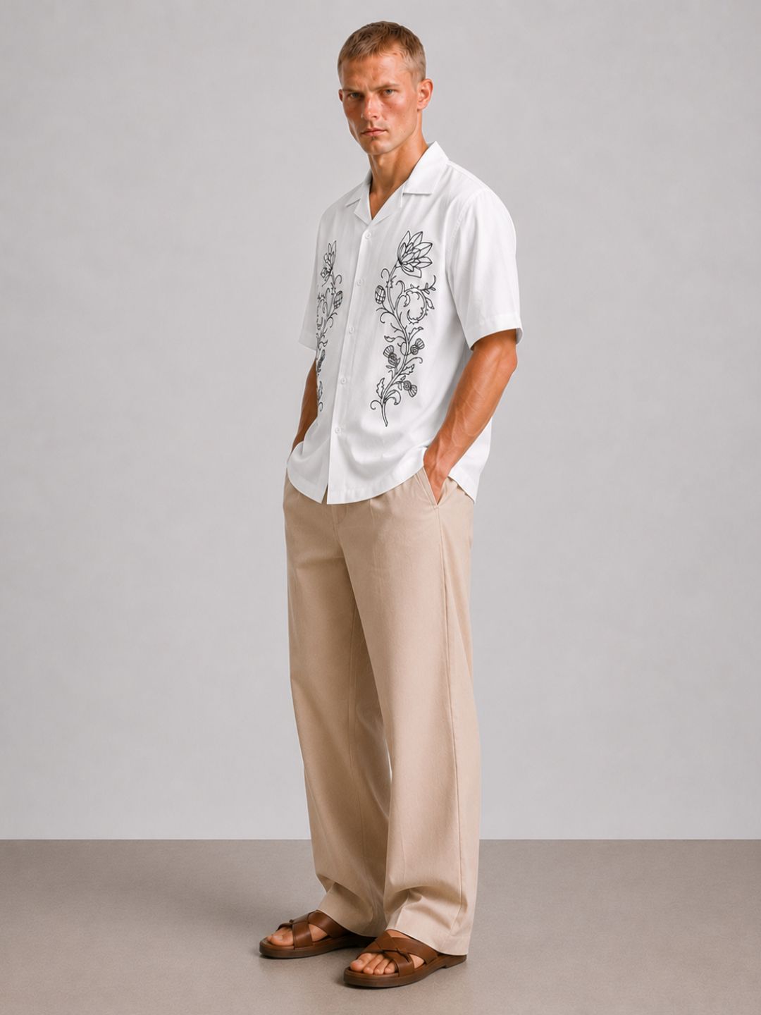 White Embroidered Relaxed Fit Oversized Half Sleeve Casual Resort Shirt