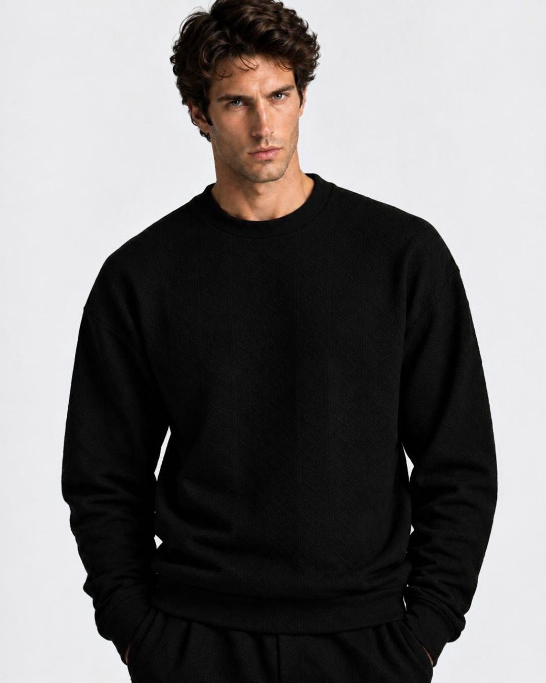 Black Textured Oversized Full Sleeve Sweatshirt & Trackpant Co-ord Set