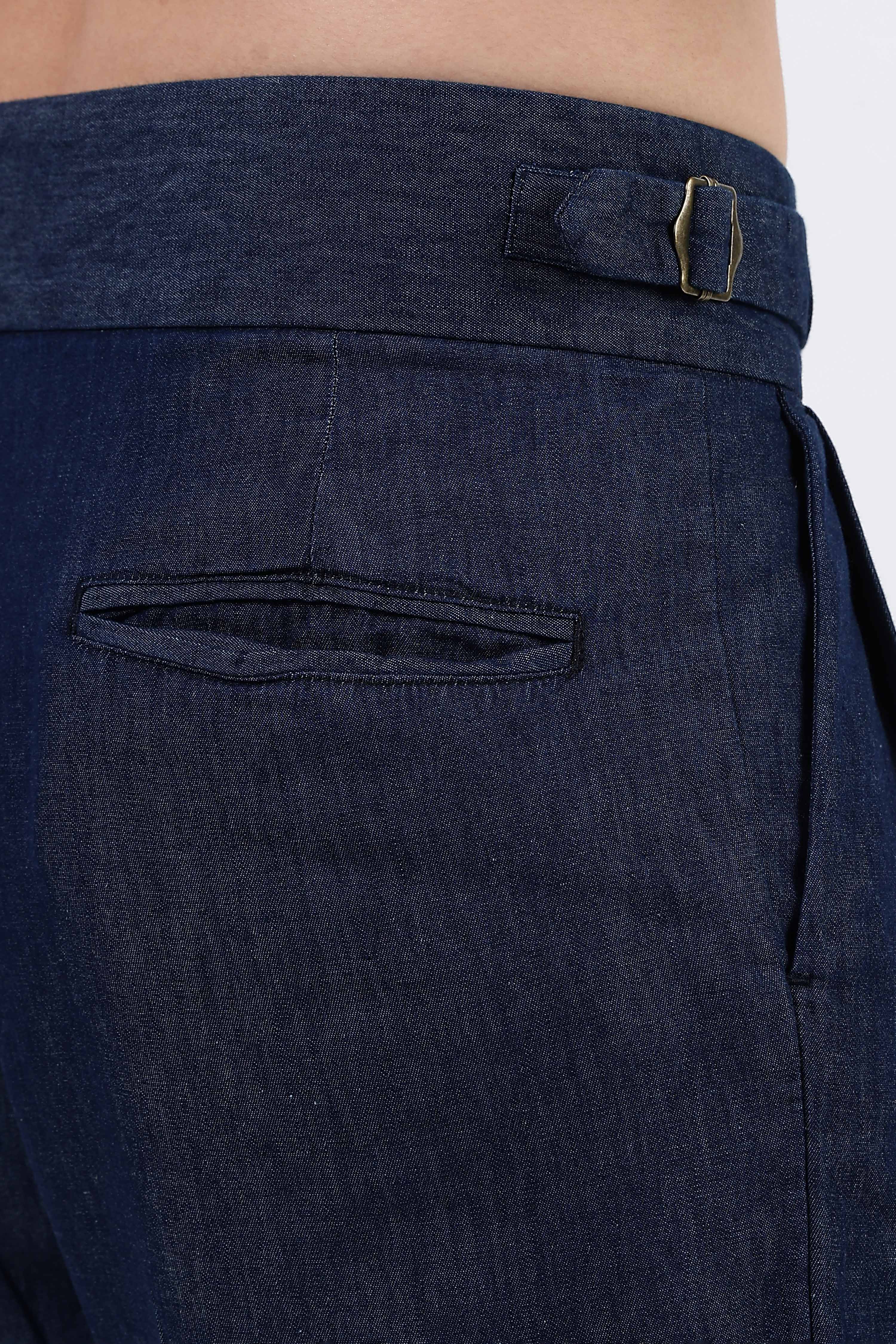 Navy Blue Premium Denim Gurkha Trousers with Double Pleated Front
