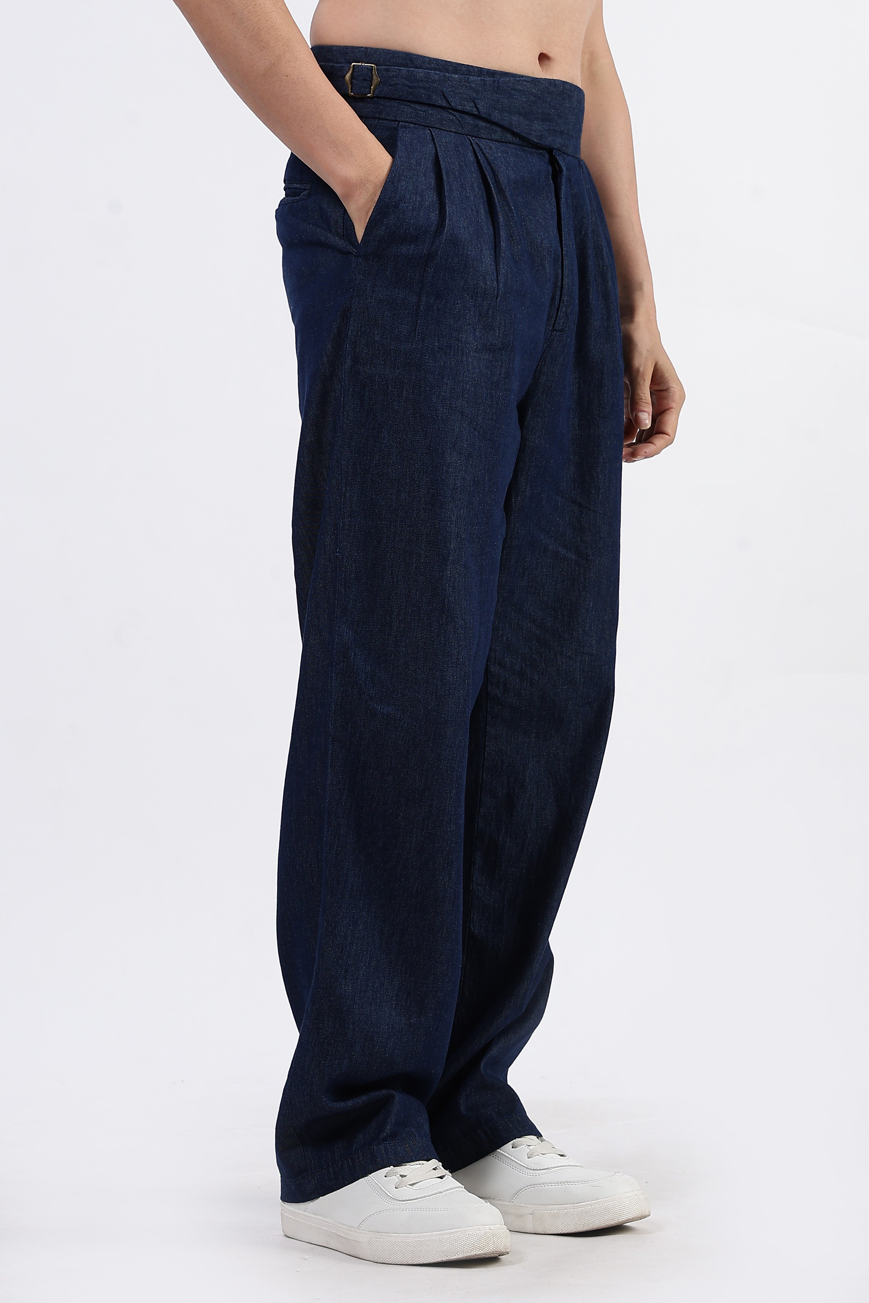 Navy Blue Premium Denim Gurkha Trousers with Double Pleated Front