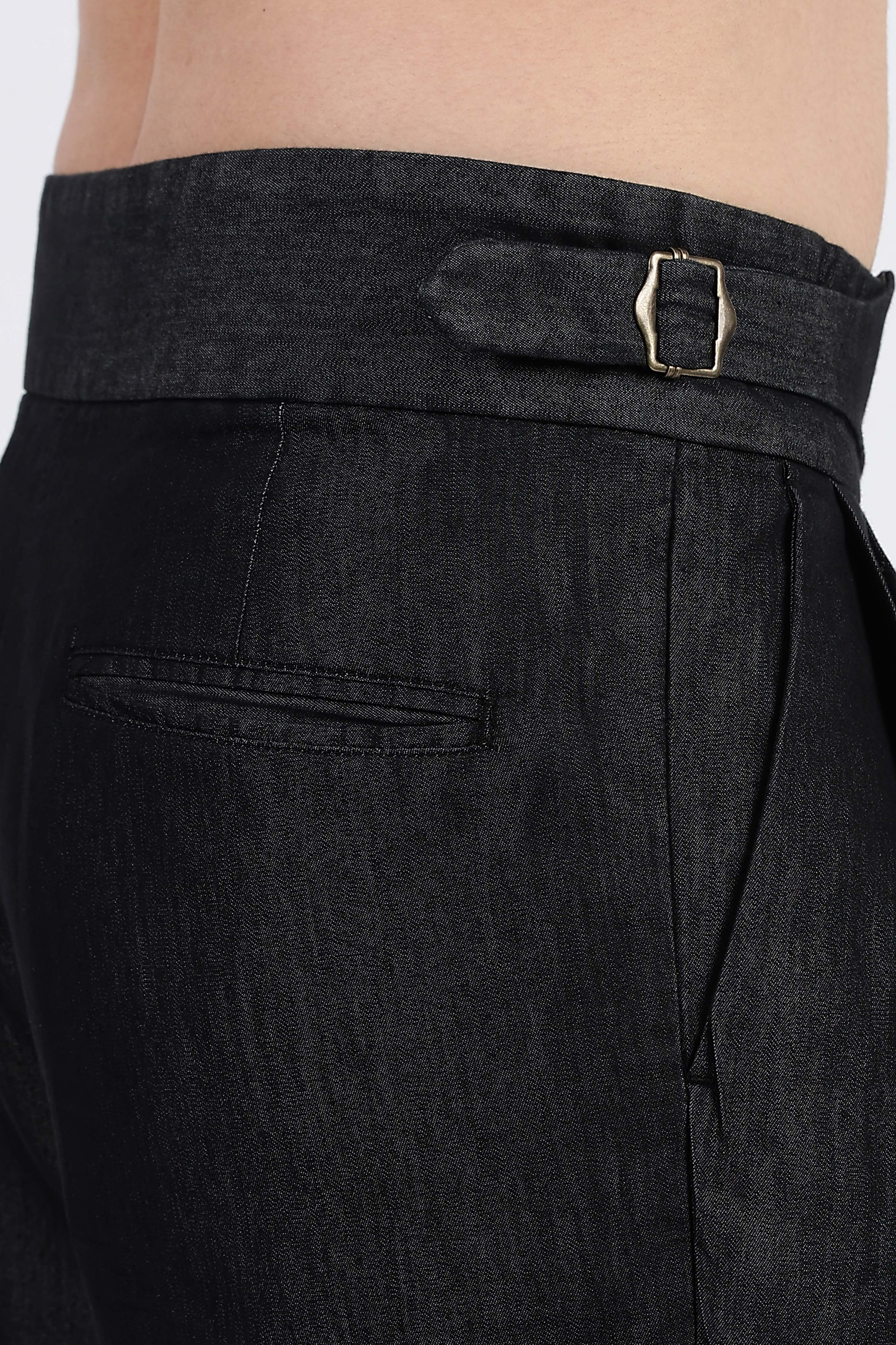 Black Premium Denim Gurkha Trousers with Double Pleated Front