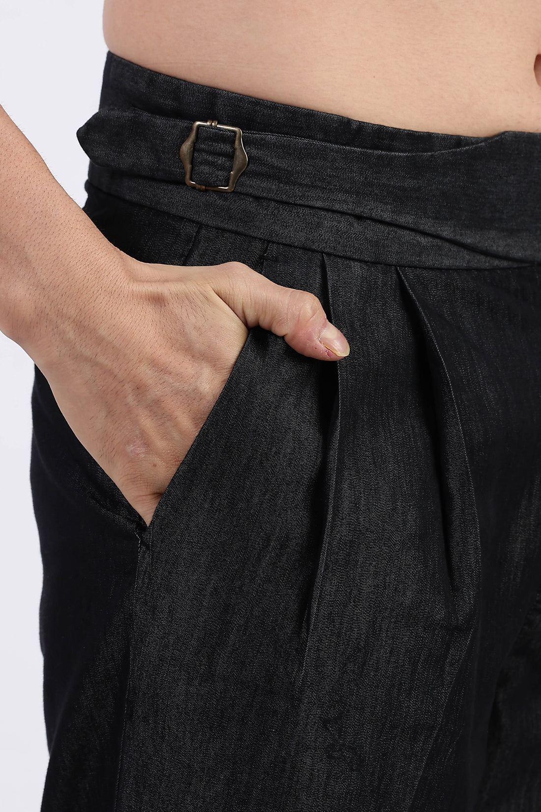 Black Premium Denim Gurkha Trousers with Double Pleated Front
