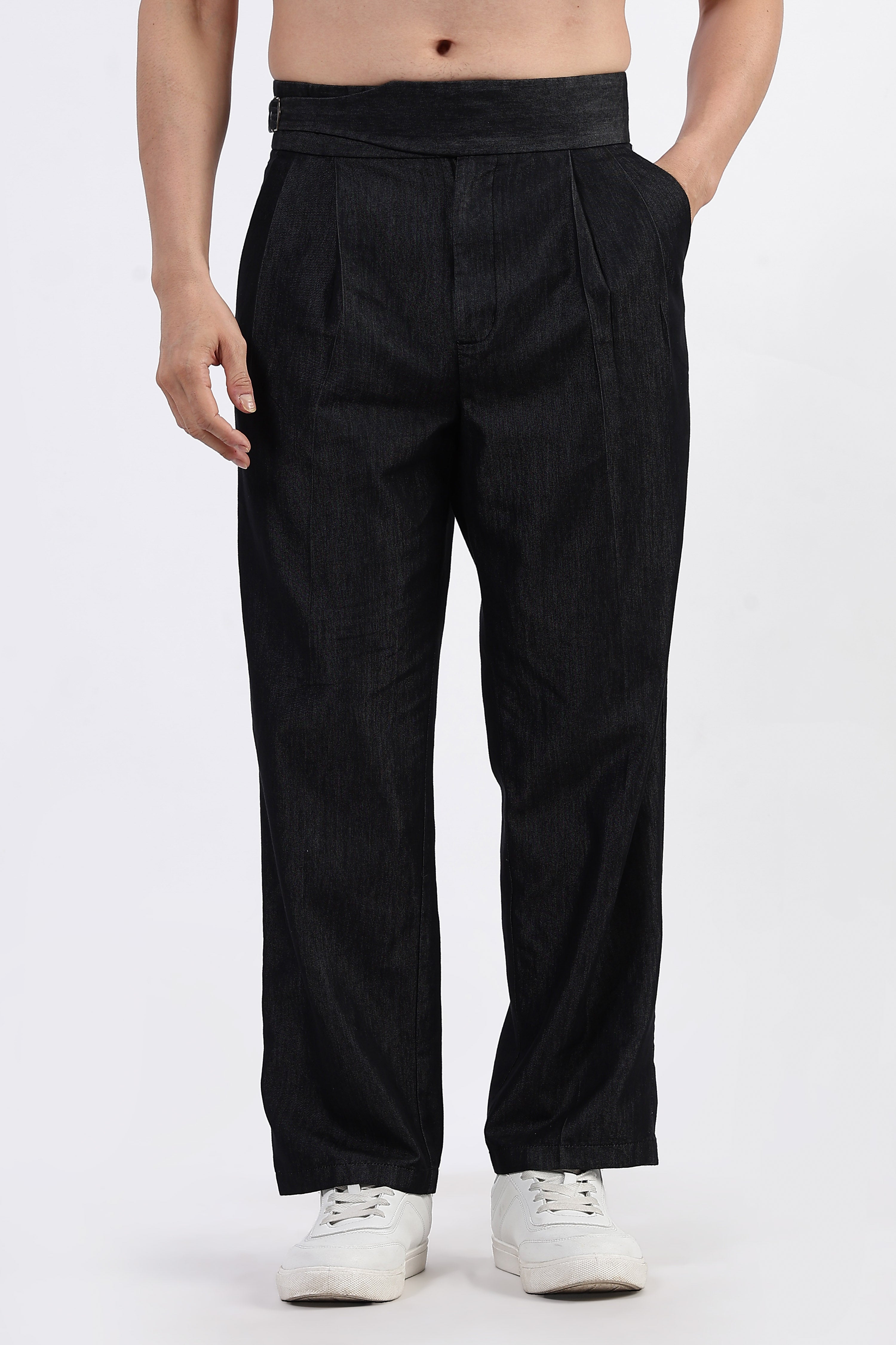 Black Premium Denim Gurkha Trousers with Double Pleated Front