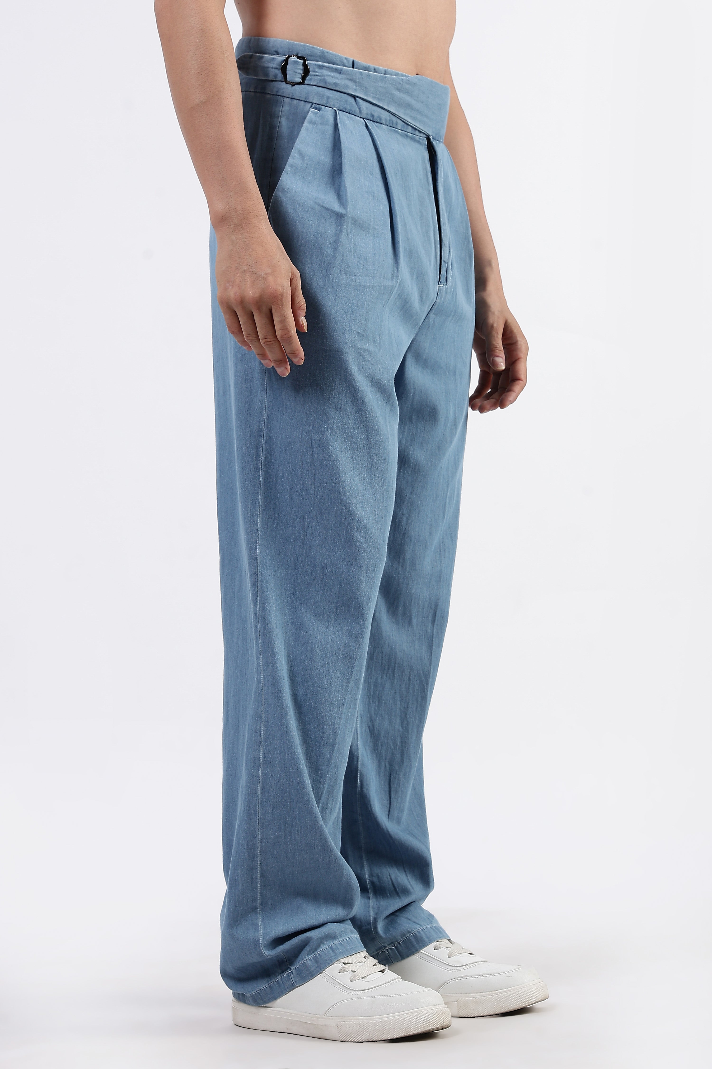 Light Blue Premium Denim Gurkha Trousers with Double Pleated Front