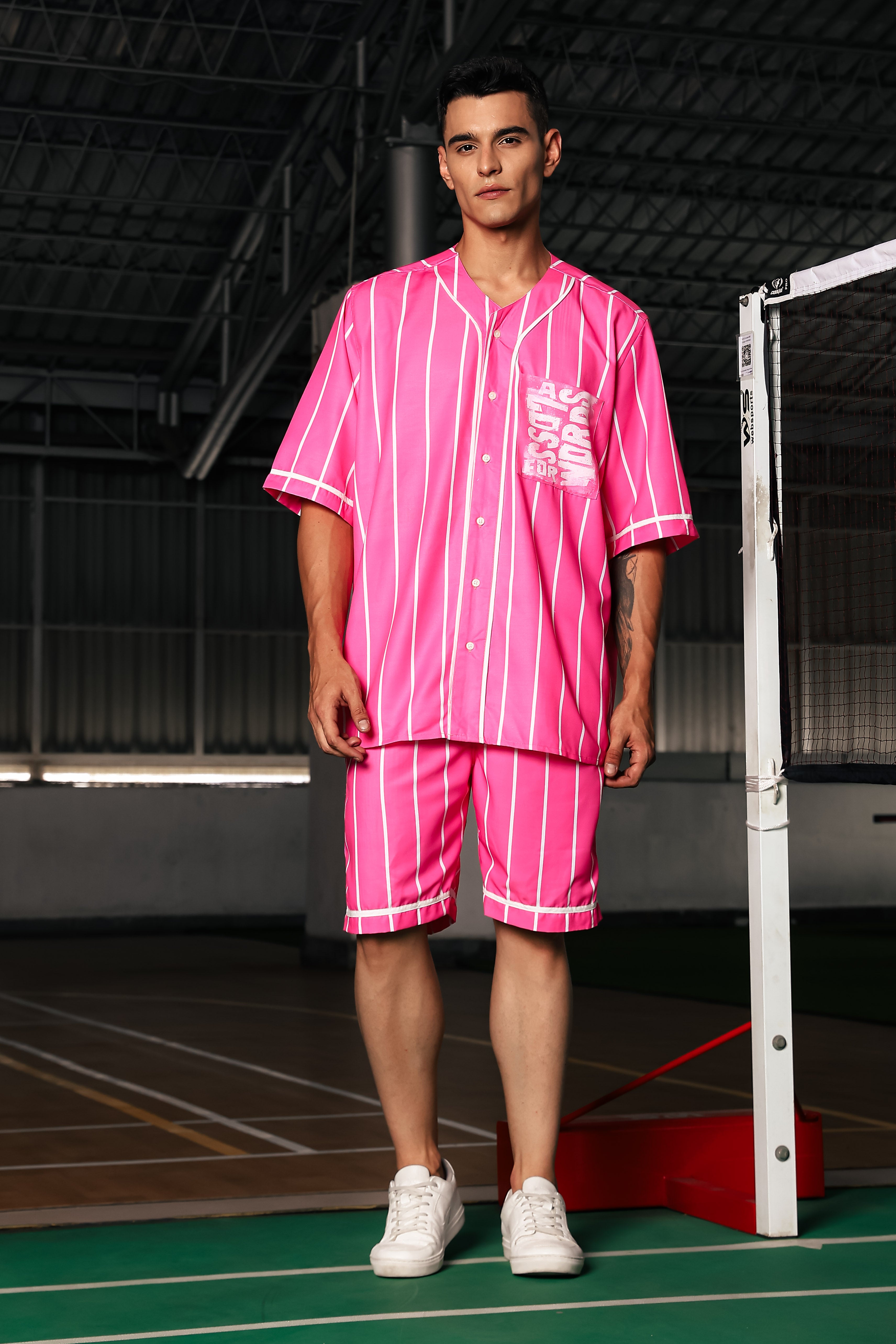 Men Striped Printed Pink Classic Oversized Fit Baseball Shirt