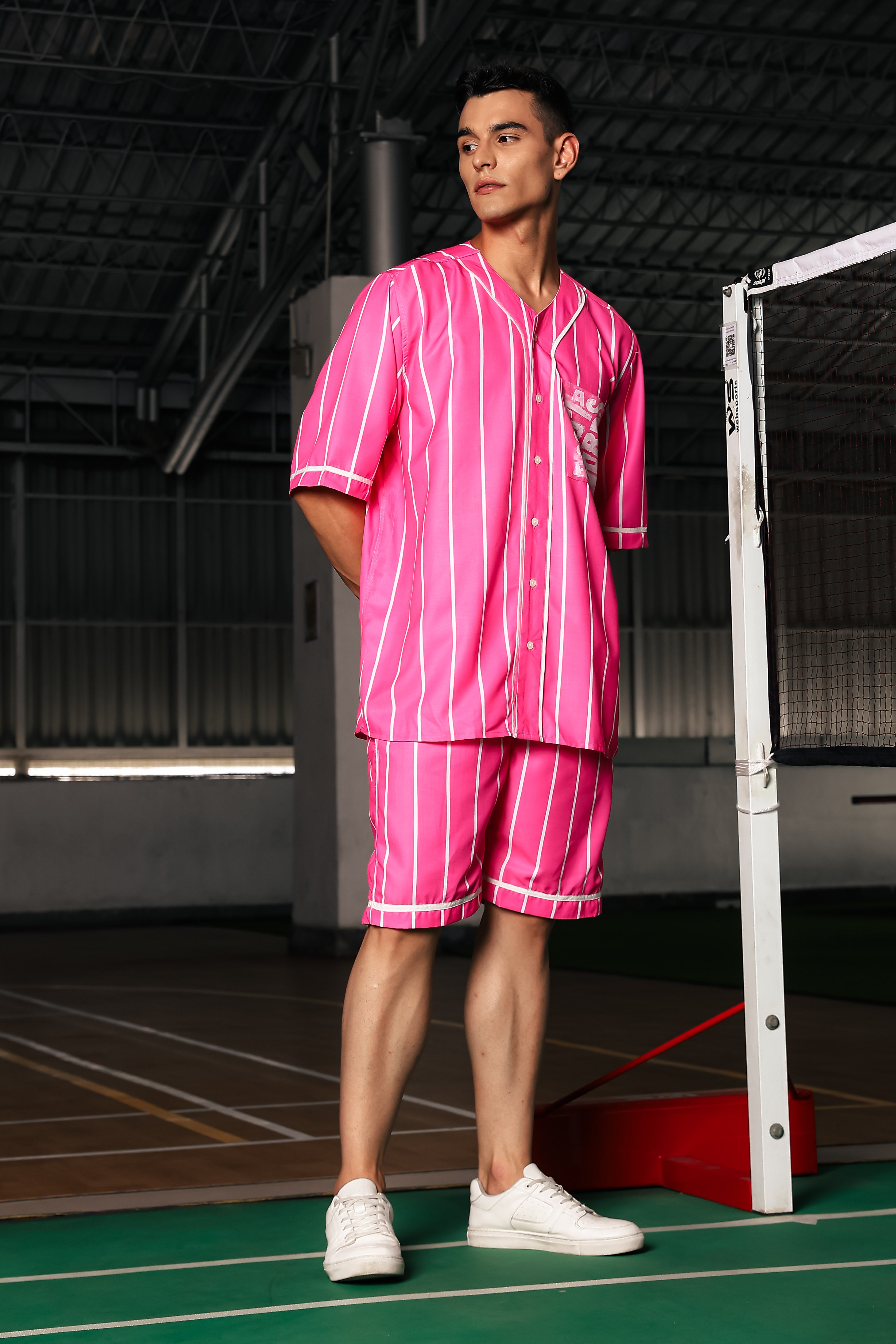 Pink & White Stripe Printed Oversized Baseball Resort Shirt & Shorts Co-ord Set