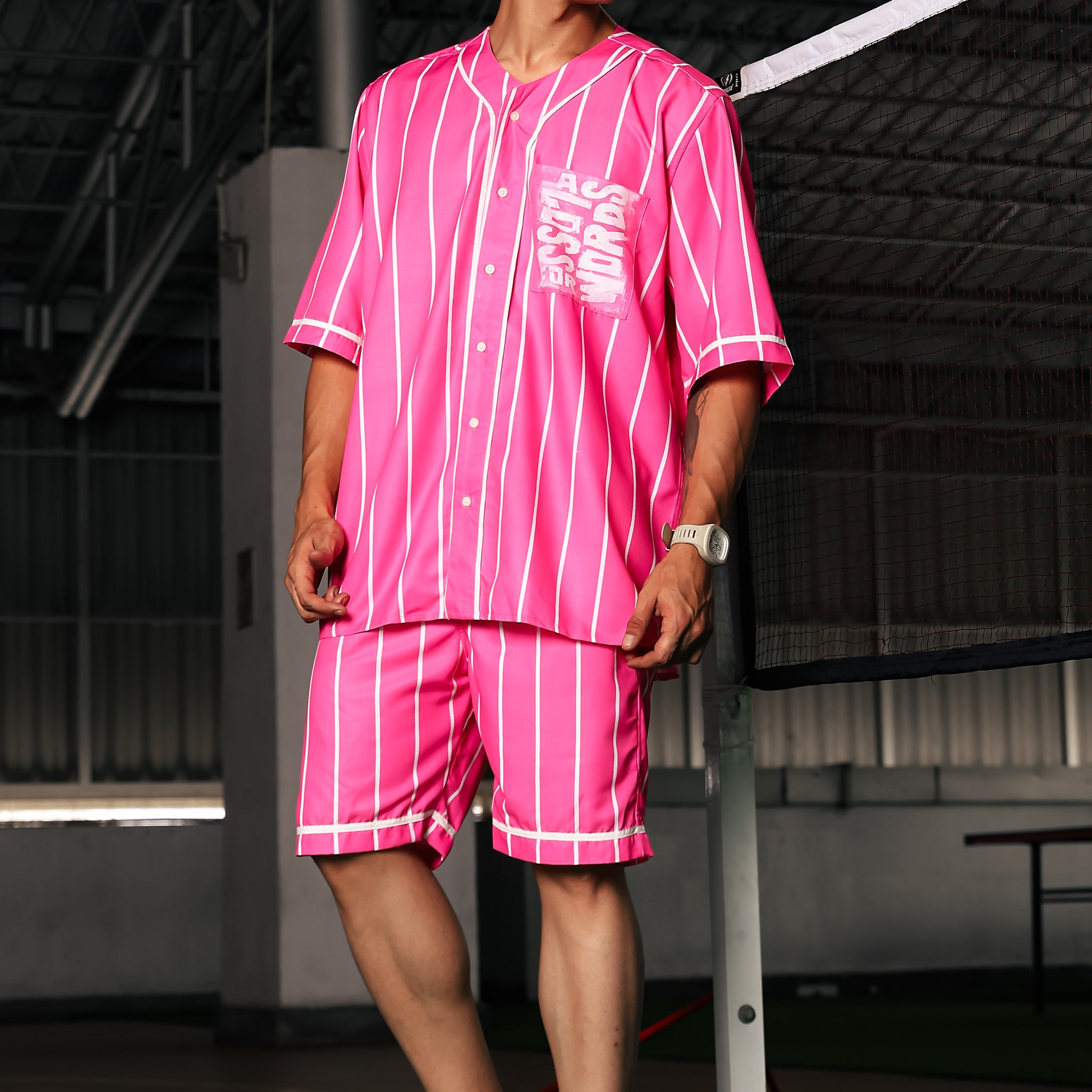 Pink & White Stripe Printed Oversized Baseball Resort Shirt & Shorts Co-ord Set
